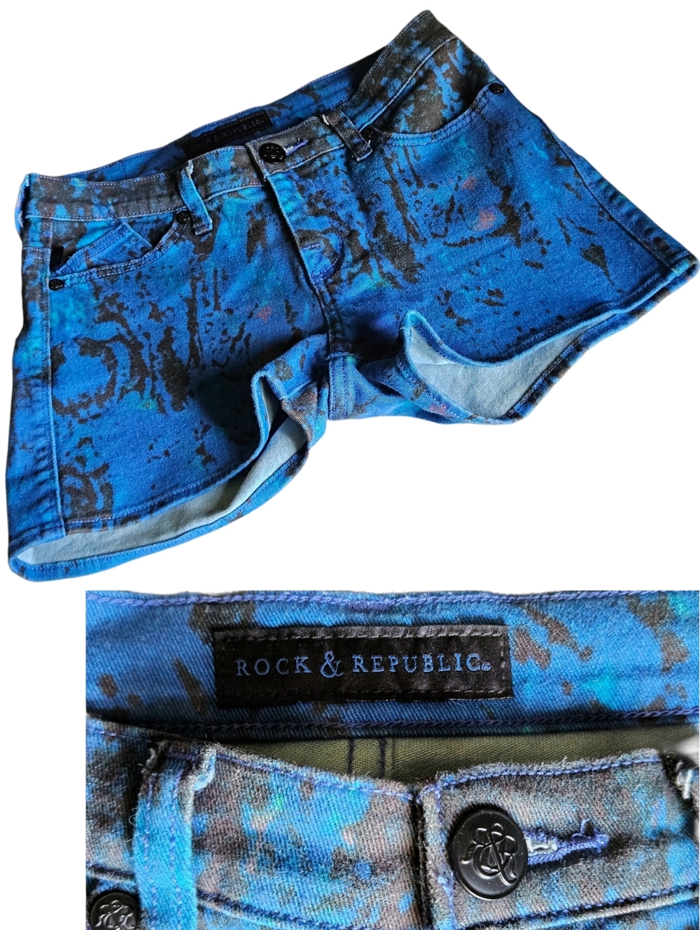 🐕🎸Rock & Republic 4 LOLITA Blue and Black Tie-Dye Metal Skull Denim Shorts EPC